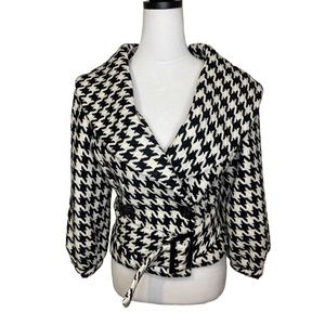 Houndstooth Belted Wool-Blend Jacket - Black & White